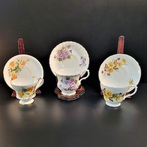 Your Pick, Fine Bone China Collector Teacups & Saucers Spring Flowers, Made In England - Yellow Daffodils, Victorian Violets, Yellow Daisies