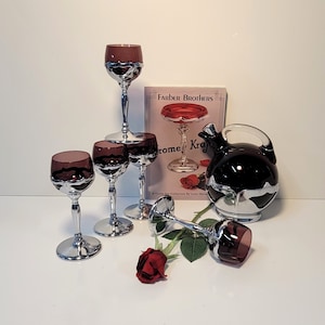 1930s Farber Brothers Krome Kraft Amethyst / Chromium Cocktail Set, 5 Cocktail Glasses & 32 Oz Decenter w/Cambridge Glass Inserts, New York