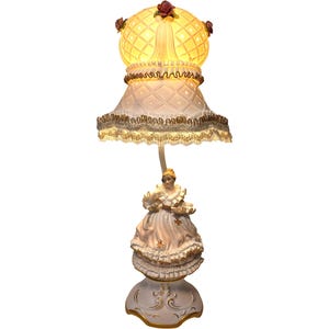 Vintage &quot;Ardalt-Lenwile Verithin Porcelain&quot; Victorian Lady Figurine Lamp w/Gold Gilding, Pink Applied Roses & Beaded Lace Trim, Circa 1950s