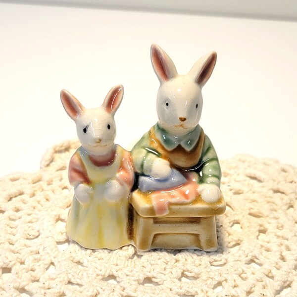 Vintage Porcelain Mother & Daughter Rabbit Figurine on Chore Day by Hanson Schule, Teaching Daughter to Iron Miniature Figure #229 on Bottom