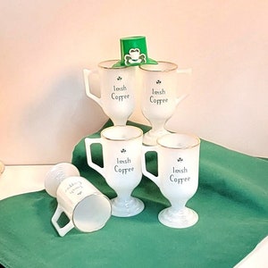 Vintage &quot;Irish Coffee&quot; Footed Milk Glass Mugs w/Gold Rims, Set of 5 Handled Mugs, Shamrock & Irish Coffee Printed in Green on Front and Back