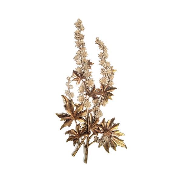 Vintage Syroco "Delphinium" Branch Wall Hanging, #4860, 39.5"T x 19.5"W, Made In USA, Gold & Cream, MCM Wall Decor, Hollywood Regency, 1964