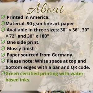 K&ouml;nnte beinhalten: Eine Checkliste mit Details zu einem Druck, einschlie&szlig;lich Papierart, Gr&ouml;&szlig;enoptionen und Druckverfahren. Der Text lautet: "Gedruckt in Amerika. Material: 90 g/m&sup2; Feinkunstpapier Erh&auml;ltlich in drei Gr&ouml;&szlig;en: 30" x 36", 30" x 72" und 30" x 180" Einseitiger Druck. Gl&auml;nzende Oberfl&auml;che Papier aus Deutschland. Bitte beachten Sie: Wei&szlig;er Rand oben und unten mit einem Balken und einem QR-Code. Umweltfreundlicher Druck mit wasserbasierten Tinten."