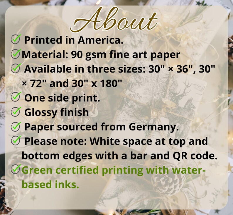 K&ouml;nnte beinhalten: Eine Checkliste mit Details zu einem Druck, einschlie&szlig;lich Papierart, Gr&ouml;&szlig;enoptionen und Druckverfahren. Der Text lautet: "Gedruckt in Amerika. Material: 90 g/m&sup2; Feinkunstpapier Erh&auml;ltlich in drei Gr&ouml;&szlig;en: 30" x 36", 30" x 72" und 30" x 180" Einseitiger Druck. Gl&auml;nzende Oberfl&auml;che Papier aus Deutschland. Bitte beachten Sie: Wei&szlig;er Rand oben und unten mit einem Balken und einem QR-Code. Umweltfreundlicher Druck mit wasserbasierten Tinten."