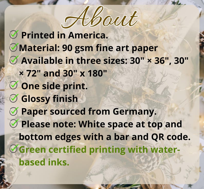 Puede incluir: Una lista de verificaci&oacute;n con detalles sobre una impresi&oacute;n, que incluye el tipo de papel, las opciones de tama&ntilde;o y el proceso de impresi&oacute;n. El texto dice: "Impreso en Estados Unidos. Material: papel de arte fino de 90 g/m&sup2; Disponible en tres tama&ntilde;os: 30" x 36", 30" x 72" y 30" x 180" Impresi&oacute;n a una cara. Acabado brillante Papel procedente de Alemania. Tenga en cuenta: Espacio en blanco en la parte superior e inferior con una barra y un c&oacute;digo QR. Impresi&oacute;n certificada ecol&oacute;gica con tintas a base de agua."