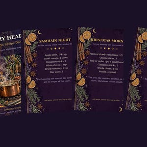 May include: A set of four rectangular cards titled The Cozy Hearth, Samhain Night, Christmas Morn, and Yule Fireside. The cards feature dark purple backgrounds, gold text, and illustrations of dried orange slices, cinnamon sticks, and pine needles.