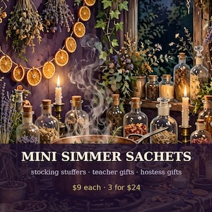 May include: A copper pot on a stove with rising steam, surrounded by glass bottles filled with dried herbs and flowers, dried orange slice garlands, and lit candles. The text reads: MINI SIMMER SACHETS, stocking stuffers, teacher gifts, hostess gifts, $9 each, 3 for $24.