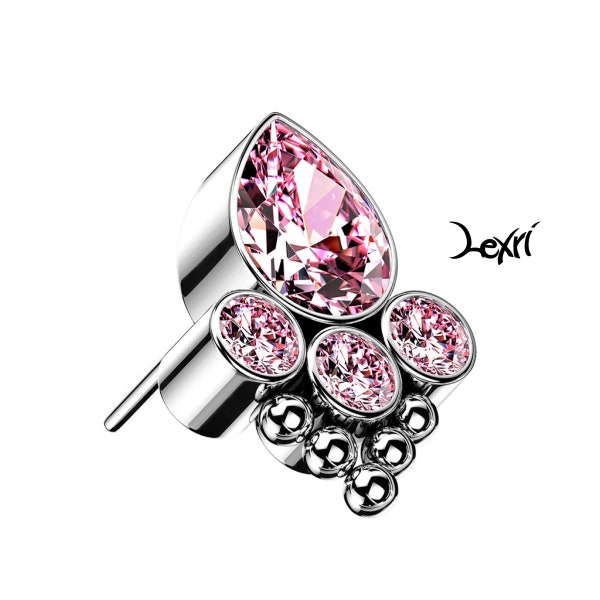 Pink Implant Grade Titanium Threadless Push In Bezel Set W/Ball Cluster Top Only. Used for Cartilage, Conch, Earlobe, Tragus