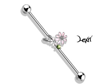 Pink and White Flower Silver Industrial Barbell