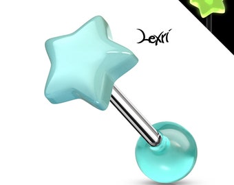 Blue Glow in the Dark Star Top 316L Surgical Steel Barbell Tongue Ring