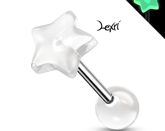 White Glow in the Dark Star Top 316L Surgical Steel Barbell Tongue Ring