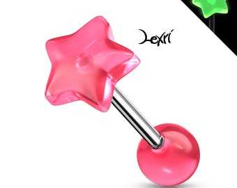 Pink Glow in the Dark Star Top 316L Surgical Steel Barbell Tongue Ring