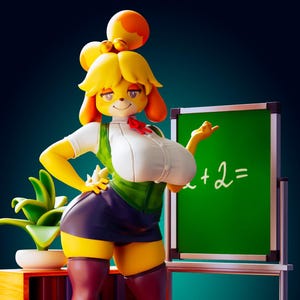 May include: A 3D rendered figurine of Isabelle from Animal Crossing. She is wearing a white shirt, green vest, and a dark skirt. The figurine is standing in front of a chalkboard with the text "x + 2 =". The word "ISABELLE" is written in yellow block letters.