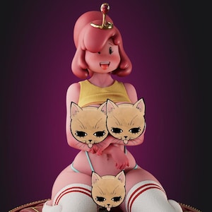 May include: A pink figurine of a character with a yellow top, blue underwear, and white socks with red stripes. The figurine is on a round, pink base with gold trim and the text "Princess Bubblegum".