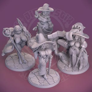 May include: Four fantasy figurines of female characters, each with a distinct outfit and pose. The figures are a light grey colour, with detailed clothing and accessories. Each figure stands on a circular base, with a purple background.