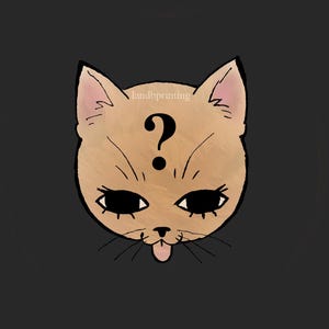 May include: A tan cat face illustration with black eyes, eyelashes, and whiskers. A black question mark is above the eyes. The cat's tongue is sticking out. The text "landbprinting" is in the upper right corner.