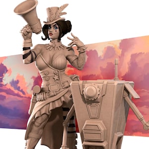 Puede incluir: Figura de color beige de una mujer con un atuendo de inspiración steampunk, sosteniendo un megáfono. Lleva un sombrero de copa con plumas y un disfraz detallado. Un compañero robótico está a su lado, con un detalle en forma de engranaje.