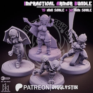 Puede incluir: Cuatro figuras en miniatura con armadura, cada una sobre una base circular. Las figuras parecen impresas en 3D. El texto "IMPRACTICAL ARMOR BUNDLE" y "PATREON DIGGLYSTIX" son visibles. La escala es de 15 mm y 32 mm.