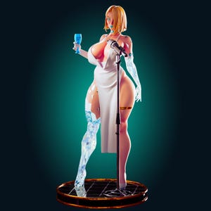 May include: A figurine of a woman in a white dress, holding a blue glass and standing next to a microphone. The woman has blonde hair and blue accents. One leg is made of a crystal-like material. The figurine stands on a gold-coloured platform.
