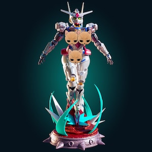 May include: A detailed, metallic robot figure in white, silver, and red. The robot features a cat face design on its chest. It stands on a round base with red, green, and blue accents. The figure is posed with arms outstretched.