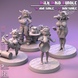 Puede incluir: Colección de figuras impresas en 3D, con un diseño de doncella con temática de vaca. Las figuras están en varias poses, algunas sosteniendo botellas de leche y bandejas. El texto "Milk Maid Bundle" y las escalas son visibles.