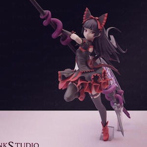 May include: A collectible anime-style figurine featuring a character with dark hair, cat-like ears, and red eyes. The figure wears a black and red dress, holds a long spear wrapped in a purple snake, and stands in a dynamic pose on a clear base.