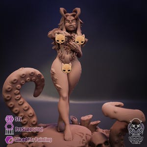 May include: A detailed 3D-printed figurine of a female figure with horns, intricate body details, and an octopus tentacle. The figure is in a standing pose, with text indicating it is pre-supported and sliced for painting.