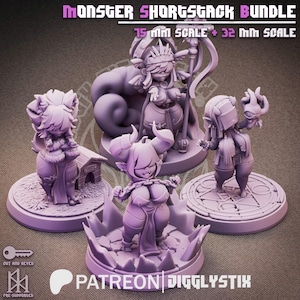 May include: A collection of purple fantasy miniatures, including figures with horns, ears, and crowns. The text "MONSTER SHORTSTACK BUNDLE" is at the top. The figures are on circular bases, with the text "15 MM SCALE + 32 MM SCALE" and "PATREON DIGGLYSTIX".