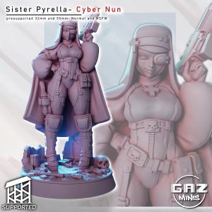 May include: A light pink 3D-printed figurine of a cybernetic nun holding a gun. The figurine is wearing a habit, a belt with a skull buckle, and futuristic armour. The base includes a skull and rubble. Text on the image reads "Sister Pyrella - Cyber Nun".