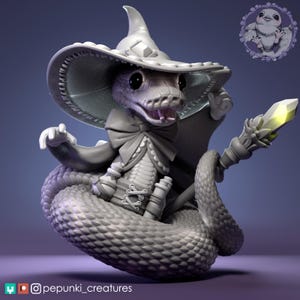 May include: A detailed, gray-toned sculpture of a snake in a wizard's outfit. The snake wears a pointed hat with a gem, a cape, and a bow tie. It holds a staff with a glowing crystal. The sculpture is intricately detailed.