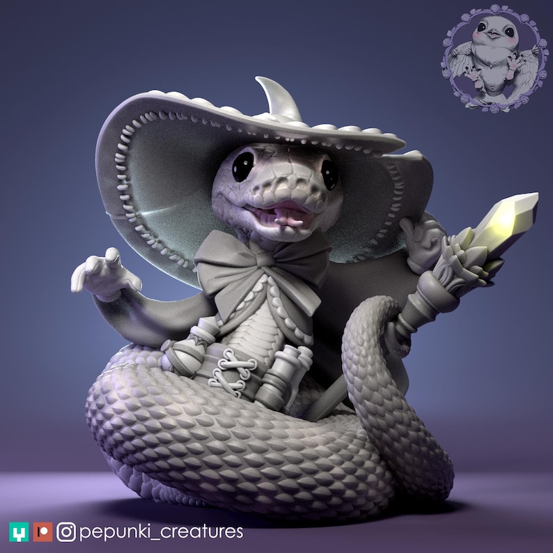 May include: A detailed, gray-toned sculpture of a snake-like creature wearing a wide-brimmed hat, bow tie, and ornate clothing. It holds a staff with a glowing crystal. The sculpture is intricately detailed with scales and textures.