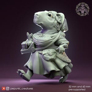 May include: A gray figurine of a rodent-like character, dressed in a medieval-style outfit, carrying a tray of bottles. The character is walking, with a bag at its side. The figurine is pre-supported and available in 32 mm and 60 mm sizes.