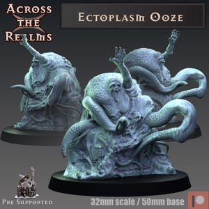 May include: A light blue, 3D-printed miniature of an Ectoplasm Ooze monster with tentacles and a screaming face. The miniature is on a black base. The text "Ectoplasm Ooze" is above the miniature. The base is 50mm.