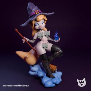 May include: A figurine of a cartoon witch with blonde hair, wearing a purple witch hat with a gold buckle, black boots, and holding a broom and a blue flame. The figurine is standing on a blue cloud.