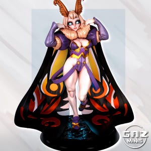 May include: A detailed figurine of a fantasy character with moth-like features. The figure wears a purple and gold outfit with a large black cape featuring orange and white accents. The character has large eyes and is posed on a black base.