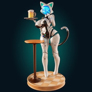 May include: A futuristic robot figurine in a cat-like design, holding a tray with a mug of beer. The robot is white with black accents, a blue screen face, and a long tail. It stands next to a small wooden table on a checkered base.