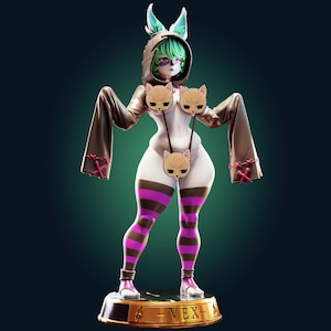May include: A figurine of a character with green hair, cat ears, and a hooded brown jacket. The character wears cat-shaped coverings and striped purple and brown thigh-high socks. The base is gold with the text "- VEX -."