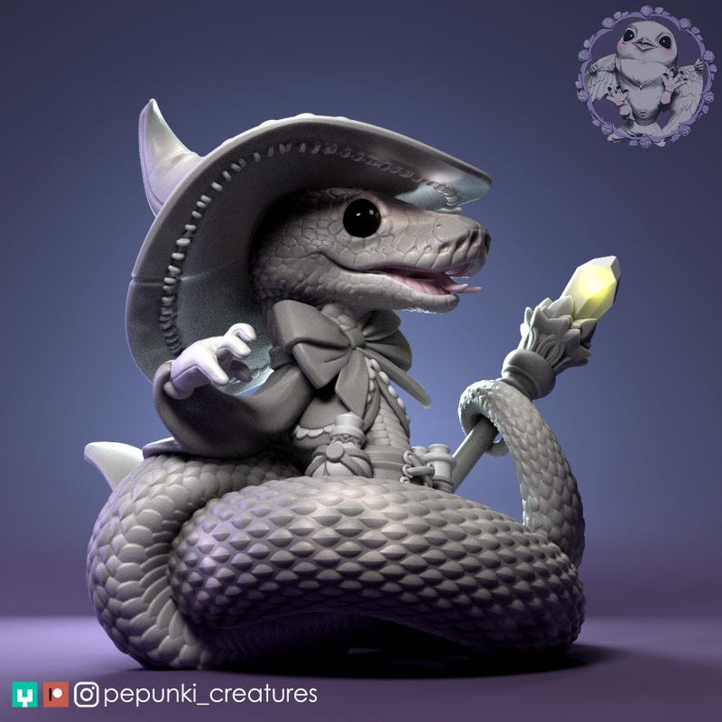 May include: A gray sculpture of a snake wearing a sombrero, bow tie, and holding a staff with a glowing yellow crystal. The snake is coiled, with detailed scales and a whimsical design. The sculpture has a cartoonish style.
