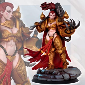 Peut inclure: Figurine détaillée d'une guerrière en armure dorée, tenant un grand marteau. La figurine a les cheveux roux et une cape rouge. La base est un terrain rocheux.