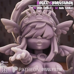 May include: A lavender-colored figurine of an angel with large eyes, a crown, and wings. The text "ANGEL SHORGSGACK" is at the top, with "15 MM SCALE + 32 MM SCALE" below it. The figurine is pre-supported and cut and keyed.