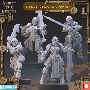 May include: Four gray miniature figures of armored women, each holding a large sword. The figures are in various action poses, with the text "STEEL CLEAVER NUNS" and "ACROSS THE REALMS" visible.