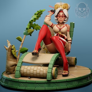 May include: A detailed figurine of a woman in a cream and red outfit, seated on a stylized chair. The figure has white hair, red glasses, and red stockings. The chair is green and tan, with a decorative base. A green plant is to the left.
