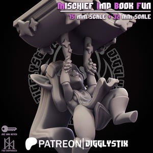 May include: A 3D-printed figurine of an imp character holding a large book with star accents. The figurine is in a dynamic pose, with the imp appearing to be struggling to hold the book. Text on the image reads "MISCHIEF IMP BOOK FUN" and "15 MM SCALE + 32 MM SCALE."
