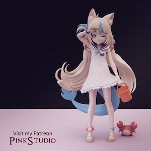 May include: A light-skinned anime-style figurine with long blonde hair, cat-like ears, and a blue tail. The character wears a white sailor-style dress, a small life preserver on one ankle, and holds an orange bucket. A small red crab sits nearby.