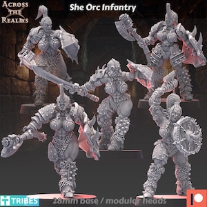 May include: A collection of grey, detailed miniature figures of She Orc Infantry, each posed with weapons like axes, swords, and shields. The figures are wearing armor and fur-like accents. Text on the image reads "She Orc Infantry" and "28mm base / modular heads."
