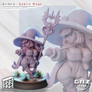 May include: A light pink 3D-printed Goblin Mage figurine, wearing a large hat and holding a staff. The figurine is on a small base with grass. The image includes the text "Glimra- Goblin Mage" and "presupported 32mm".