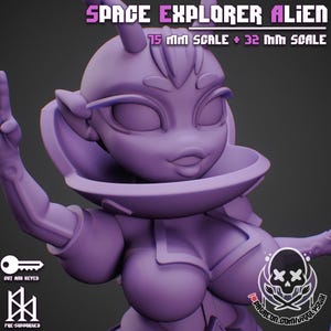 Op de afbeelding: Een paars Space Explorer Alien beeldje. Het beeldje heeft grote ogen, antennes en een futuristische outfit. Tekst op de afbeelding luidt "SPACE EXPLORER ALIEN", "15 mm SCALE + 32 mm SCALE", "OUT AND KEYED" en "PRE-SUPPORTED".