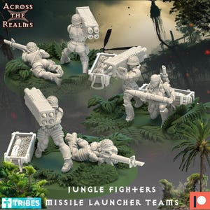 May include: A collection of white miniature figures of soldiers in combat gear, including helmets and missile launchers. The figures are posed on a green, jungle-themed base. Text on the image reads "Jungle Fighters Missile Launcher Teams" and "Across the Realms."