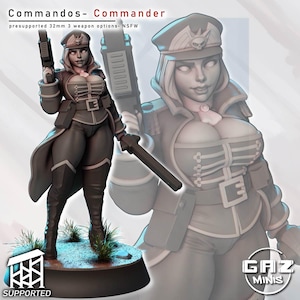 Puede incluir: Miniatura impresa en 3D de una figura de comandante femenina, vestida con un uniforme militar con sombrero y sosteniendo una pistola y una espada. La figura es de color gris oscuro con detalles en blanco y está sobre una base con hierba. El texto "Commandos - Commander" está en la parte superior.