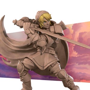 Op de afbeelding: Gedetailleerd beeldje van een personage in een dynamische pose, zwaaiend met een zwaard. Het figuur is gekleed in een harnas en een vloeiende cape, met blond haar en een vastberaden uitdrukking. Het kleurenpalet bestaat voornamelijk uit bruin- en beigetinten.